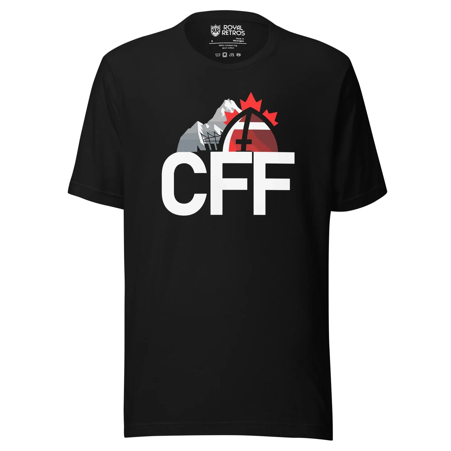 CFF logo T-shirt. Black. Mountain on left, of football on right with red maple leaf coming out of top. CFF large in white below. Royal Retros