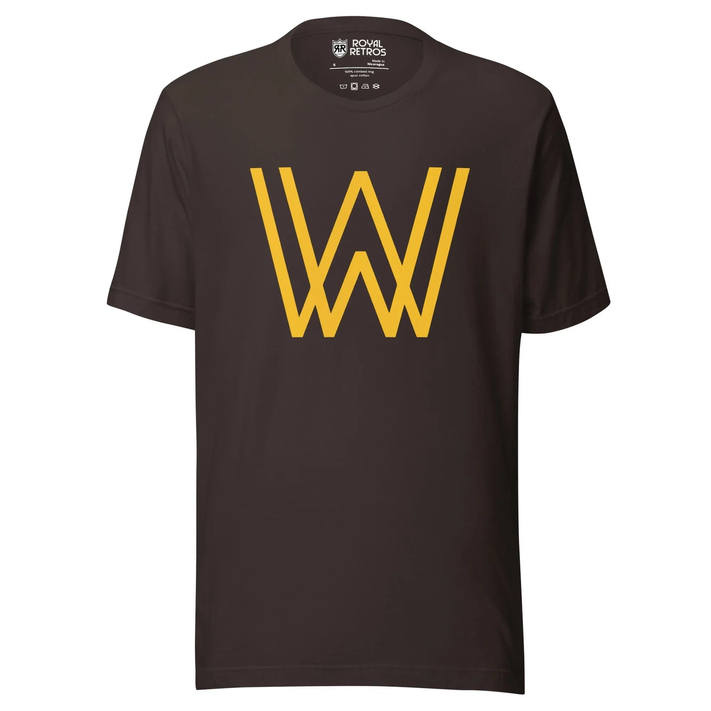 Walla Walla Padres T-shirt. Brown. Interlocking gold W over W large on chest. Royal Retros