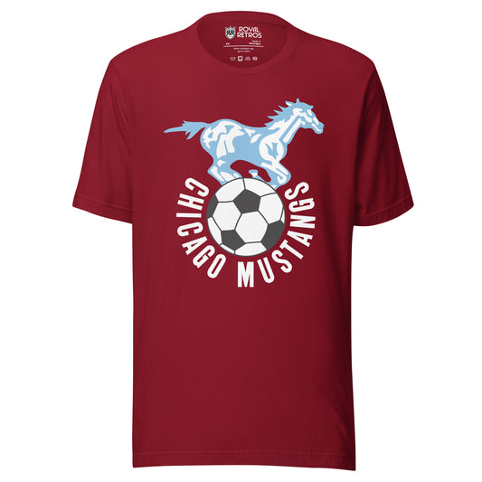 Cardinal red t-shirt with a light blue illustrated galloping mustang above a soccer ball, 'Chicago Mustangs' arched in maroon letters