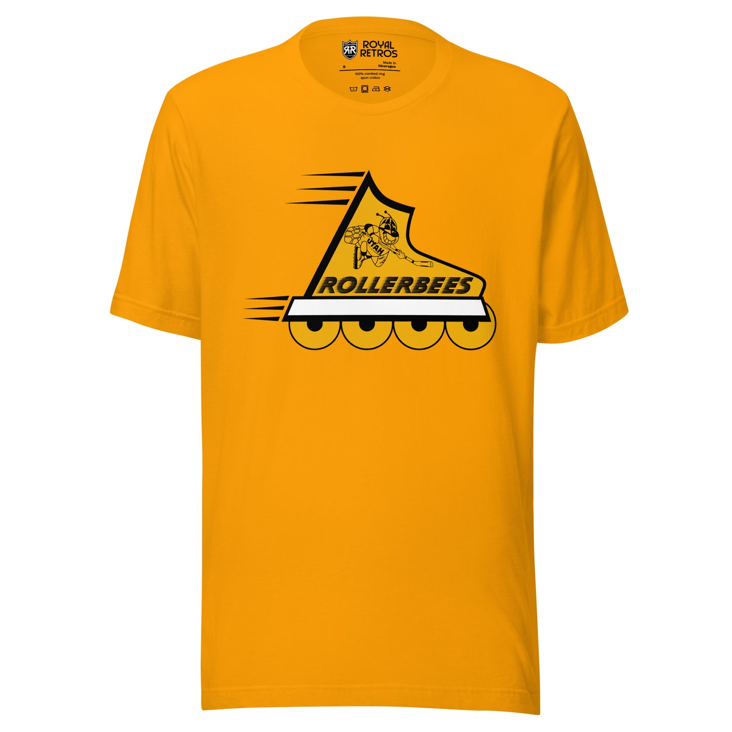 Utah Rollerbees roller hockey T-shirt. Gold. Yellow inline skate facing right. Rollerbees n black above wheels. Animated bee playing roller hockey on ankle. Royal Retros