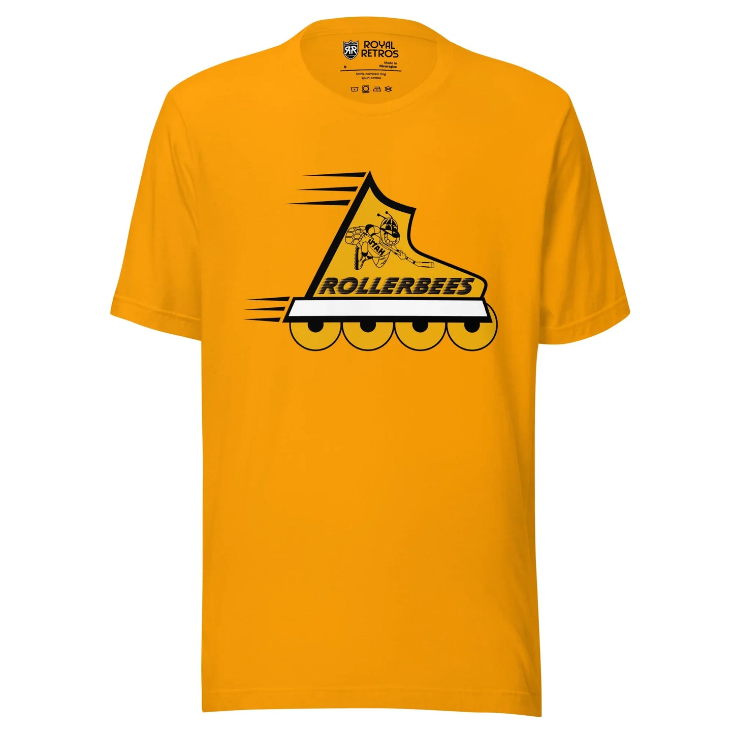 Utah Rollerbees roller hockey T-shirt. Gold. Yellow inline skate facing right. Rollerbees n black above wheels. Animated bee playing roller hockey on ankle. Royal Retros