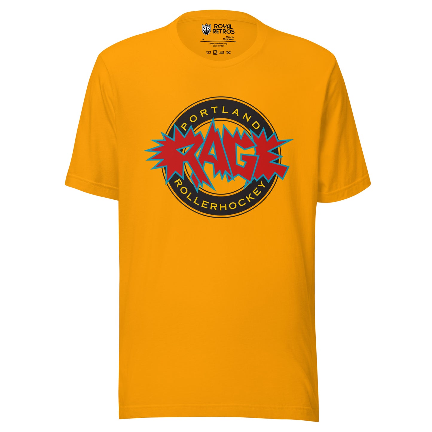 Portland Rage roller hockey T-Shirt gold. Black circle, gold inside. Portland in gold in top of circle, Rollerhockey below. Rage in red outlined in blue with bursts over circle. Royal Retros