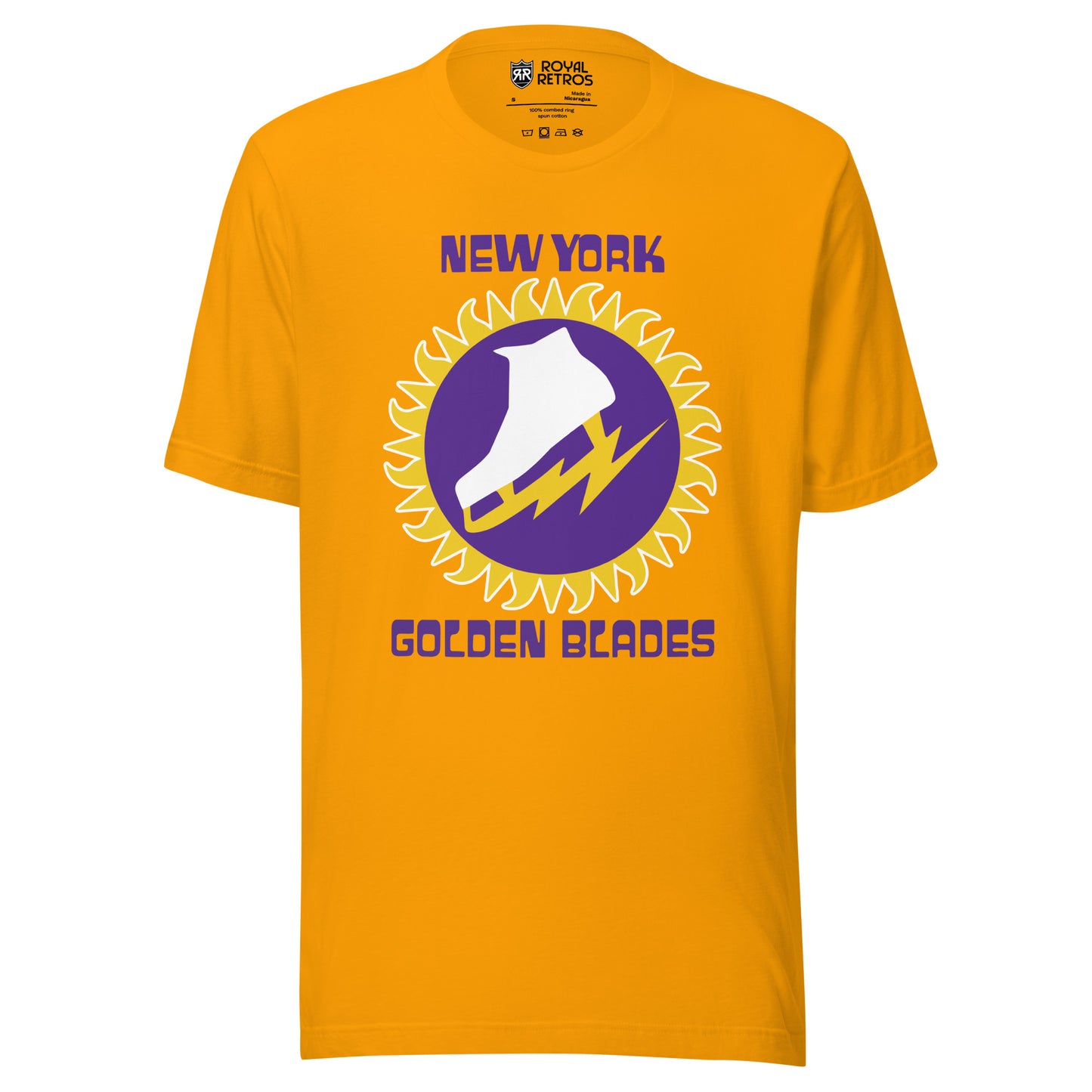 New York Golden Blades WHA T-shirt. Orange. Logo: New York in purple above gold jagged circle, purple background inside with white skate with jagged gold blade. Golden Blades in purple below.
Royal Retros
