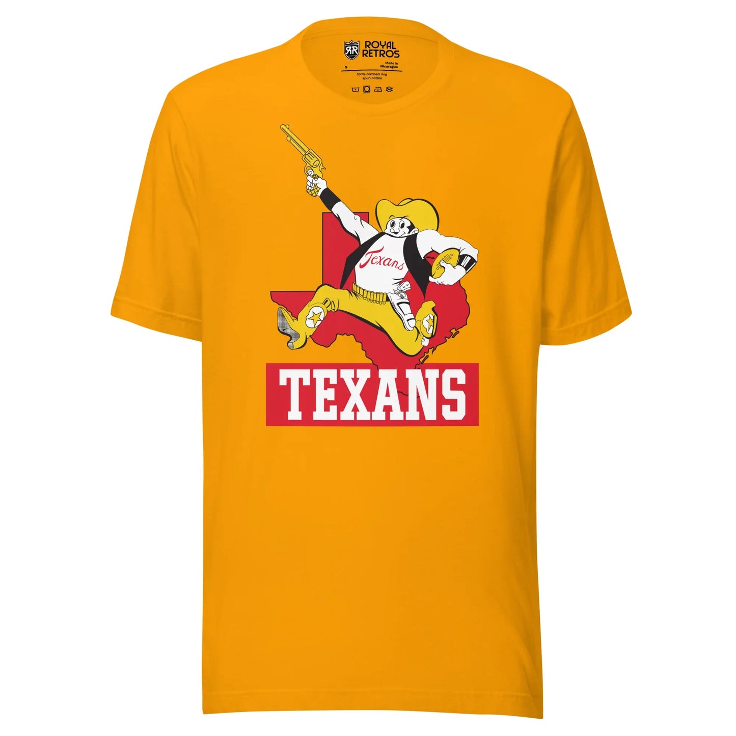 Dallas Texans AFL T-shirt. Gold. Cartoon cowboy in gold hat, white shirt, gold pants and boots, running with revolver in right hand football under left arm. Red outline of Texas behind. Texans in white on red rectangle. Royal Retros.
