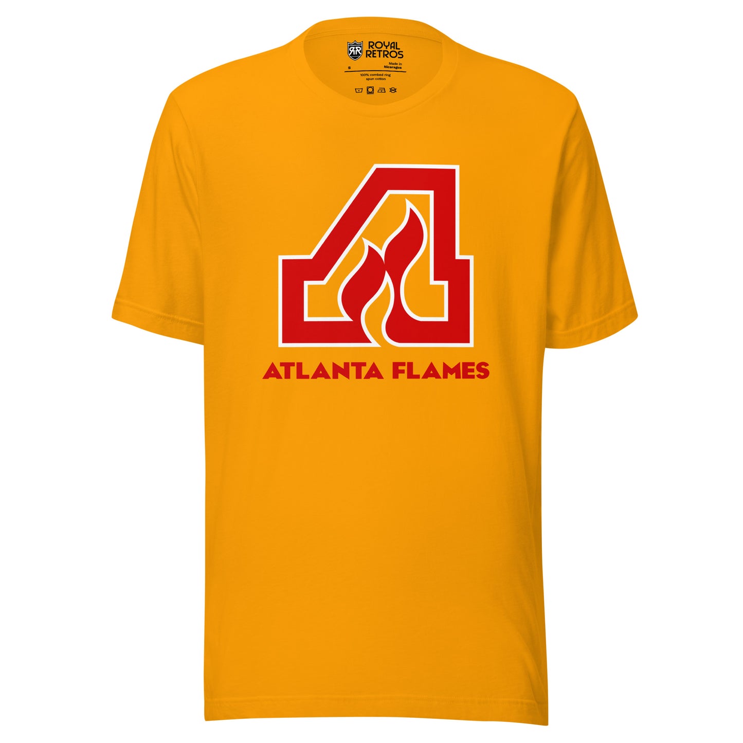 Atlanta Flames T-shirt. Gold. Large red A with white trim with flames coming up into letter. Atlanta Flames in red below. Royal Retros