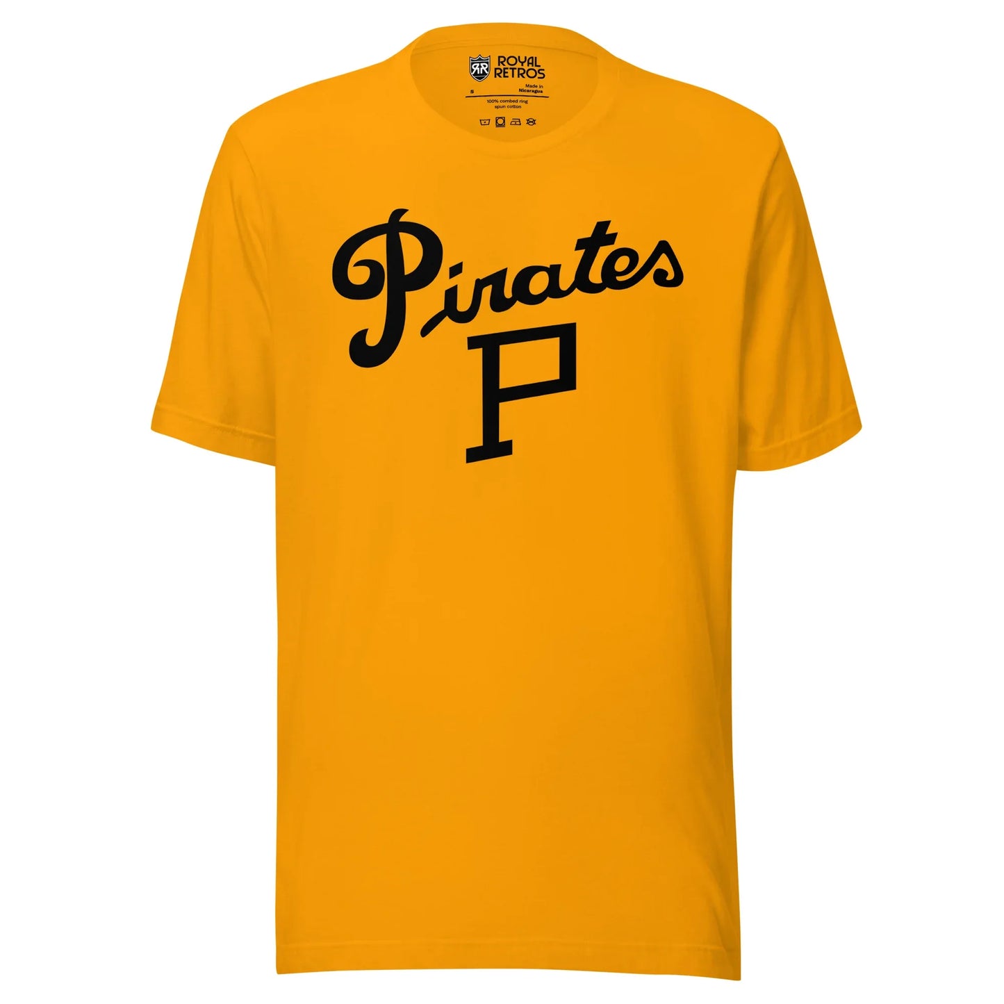 Pittsburgh Pirates Hockey T-shirt. Gold. Pirates in black script above a capital P. Royal Retros