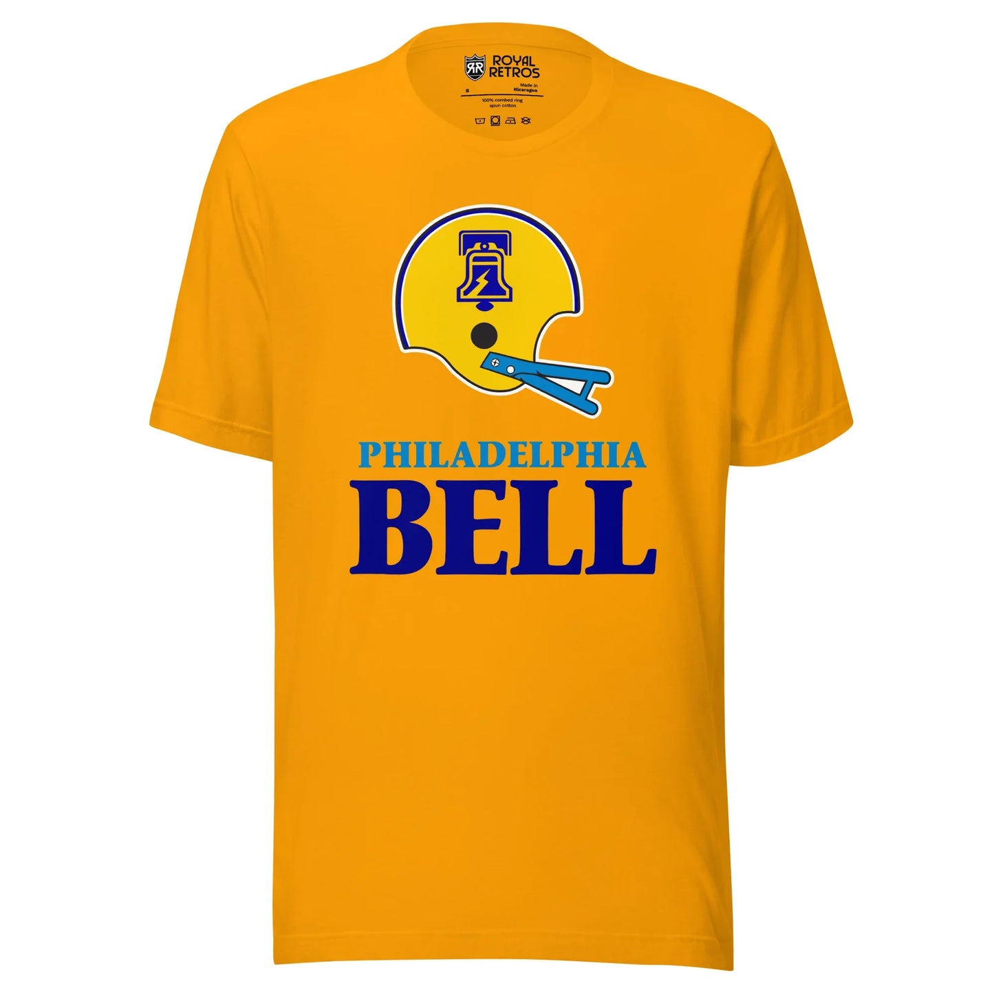 Philadelphia Bell World Football League WFL T-shirt. Gold. Yellow helmet with blue and white trim. Stylized image of Liberty Bell in blue in center of helmet. Blue faceguard. PHILADELPHIA white below, BELL large in yellow below. Royal Retros