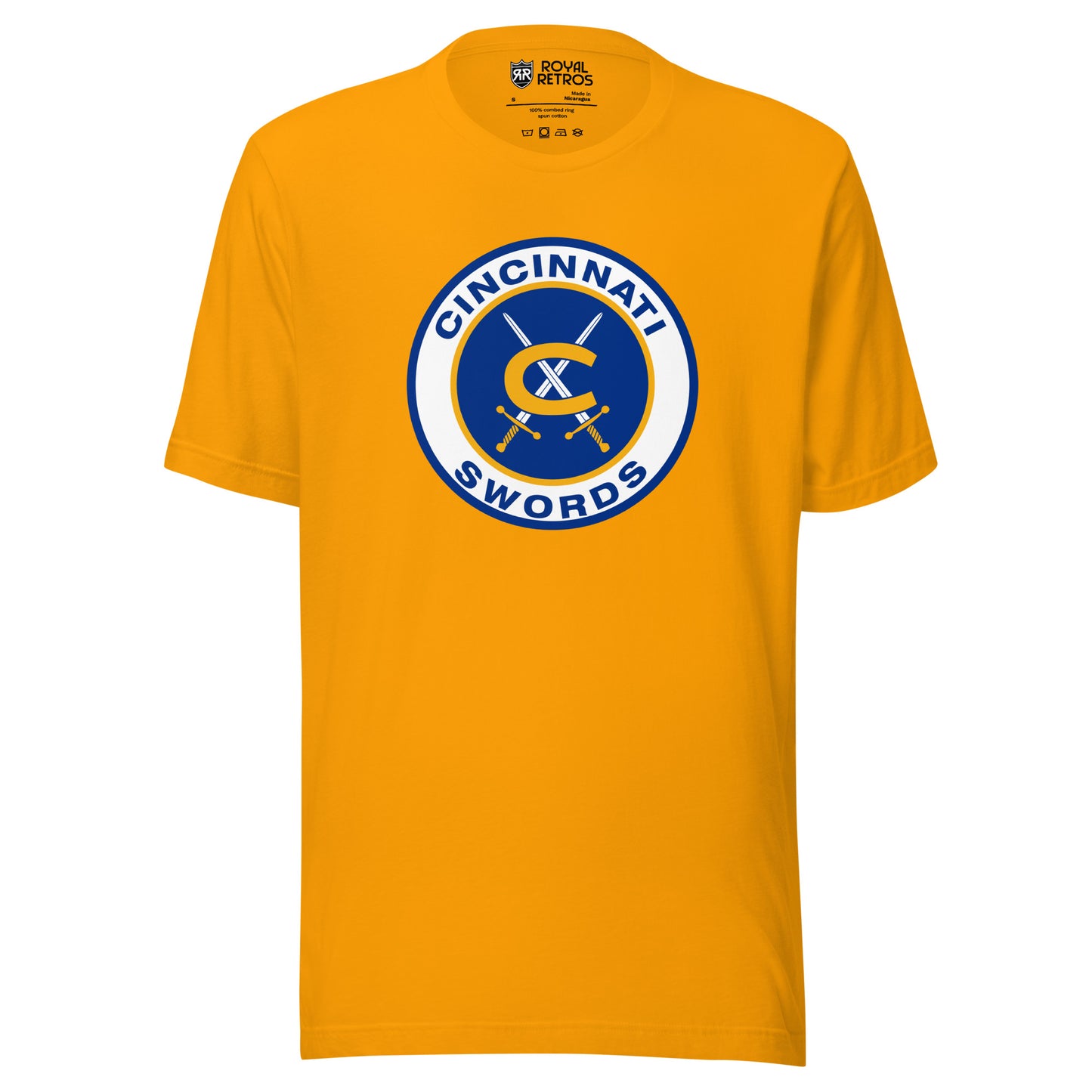 Cincinnati Swords AHL hockey T-shirt. Gold. Thick white circle with blue background. Cincinnati in blue arched in top of circle Swords arched up in circle below. Gold C in center with two swords with gold handles crossed behind it. Royal Retros