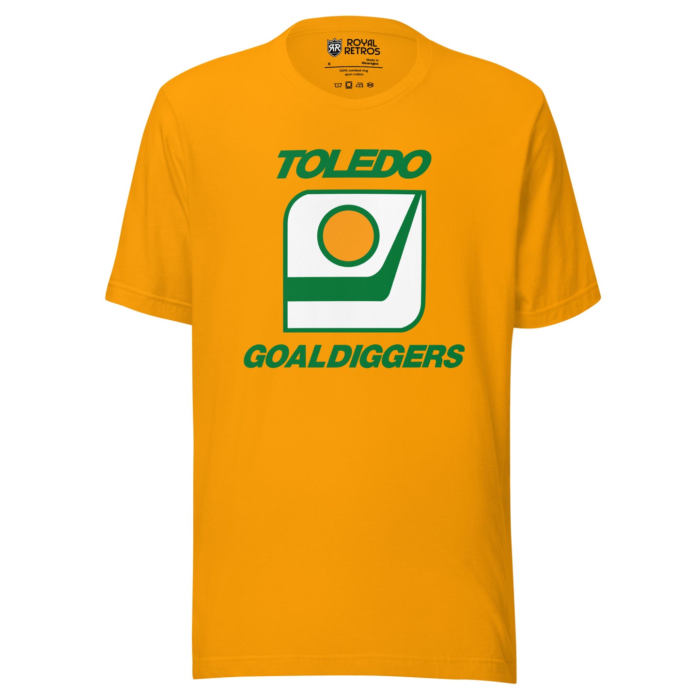 Toledo Goaldiggers hockey T-shirt. Gold. Toledo in green above green outlined square with white background. Inside is a hockey blade with a gold puck with green trim above. Goaldiggers in green below. square. Royal Retros
