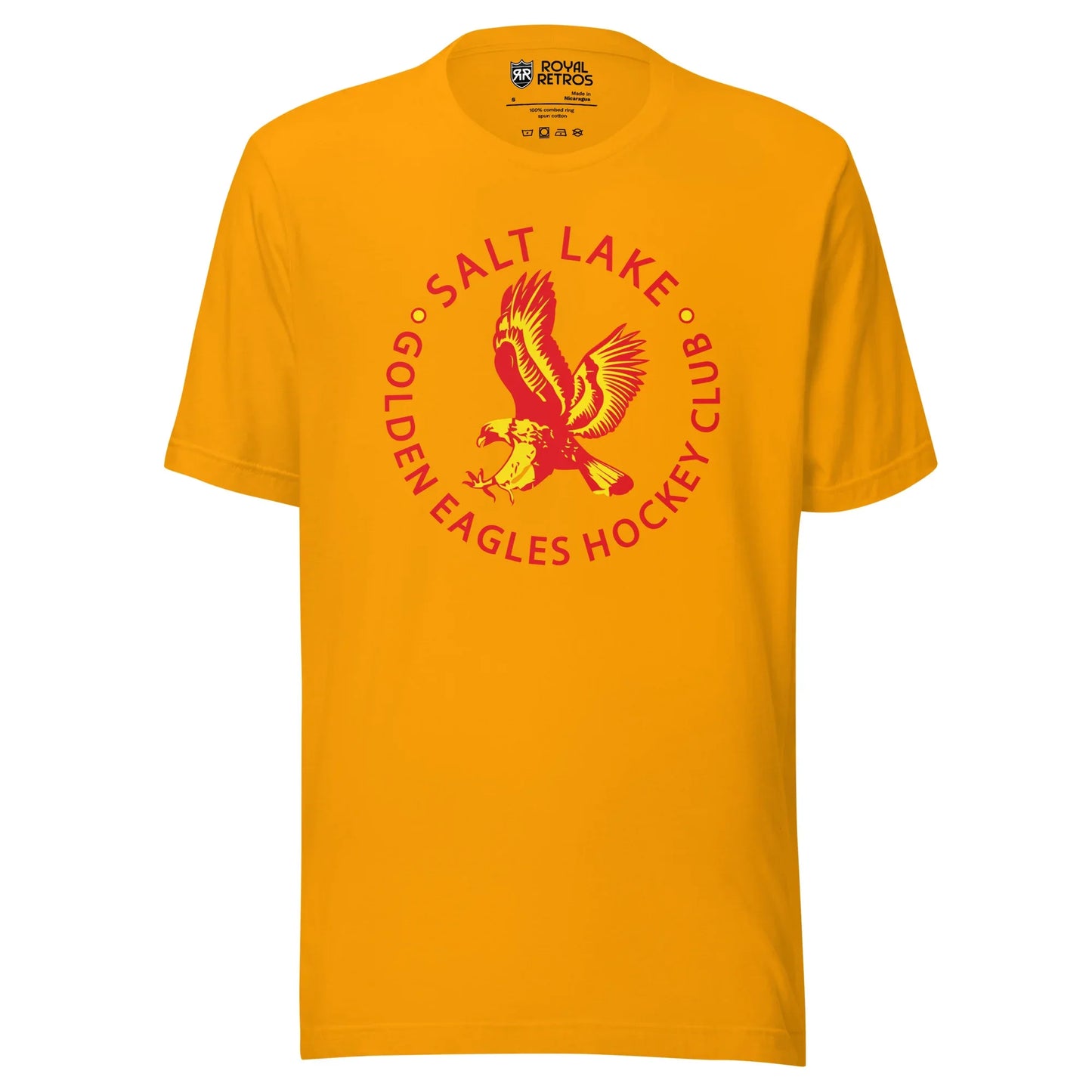 Salt Lake Golden Eagles hockey T-shirt. Red. Salt Lake in red arched above, Golden eagles Hockey Club in red, arched up below, separated by two gold circles. Inside is an image of a red and gold eagle, wings up as it diving on prey. Royal Retros