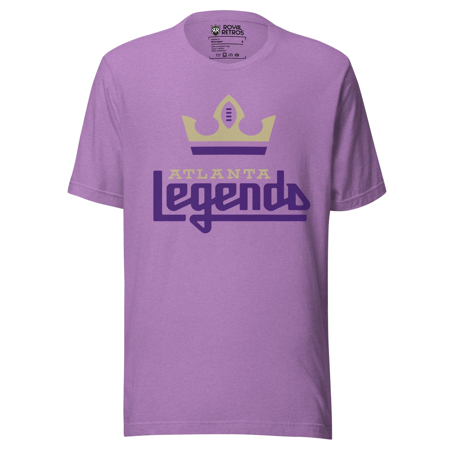 Atlanta Legends AAF T-shirt. Light Purple. Silver 3 point crown with football strings in middle point. Purple line below. Atlanta in silver below, stylized LEGENDS larger, in purple, below that. Royal Retros