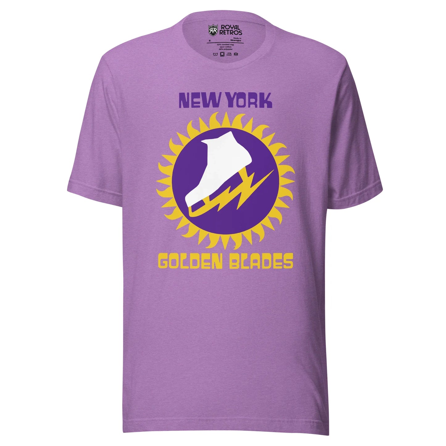 New York Golden Blades WHA T-shirt. Purple. Logo: New York in purple above gold jagged circle, purple background inside with white skate with jagged gold blade. Golden Blades in gold below.
Royal Retros