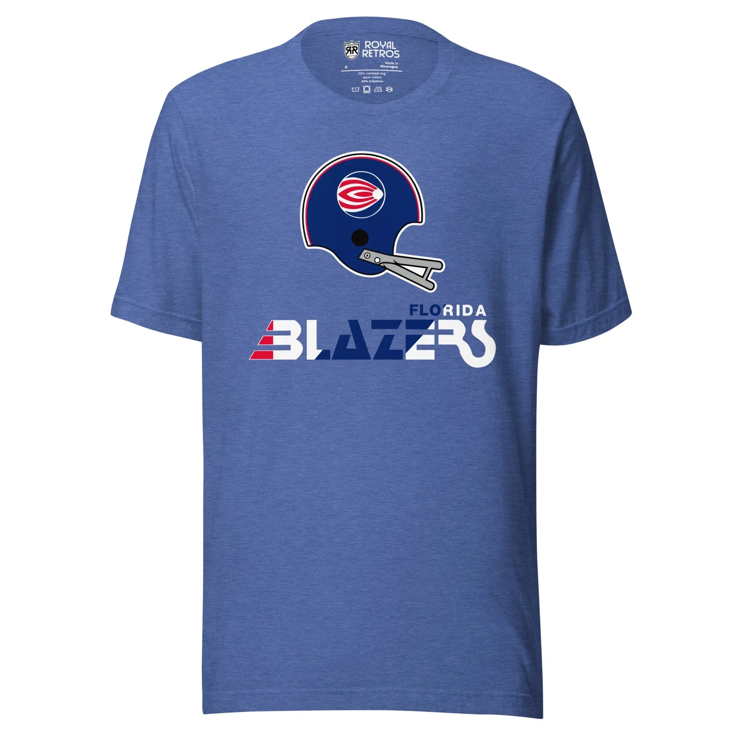 Florida Blazers World Football league WFL T-shirt. Blue. Logo is a blue helmet with gray face guard with a circular logo featuring red and white swoops going away from a small circle inside right. Florida small to the right stylized Blazers large below in red, white, and blue. Royal Retros.