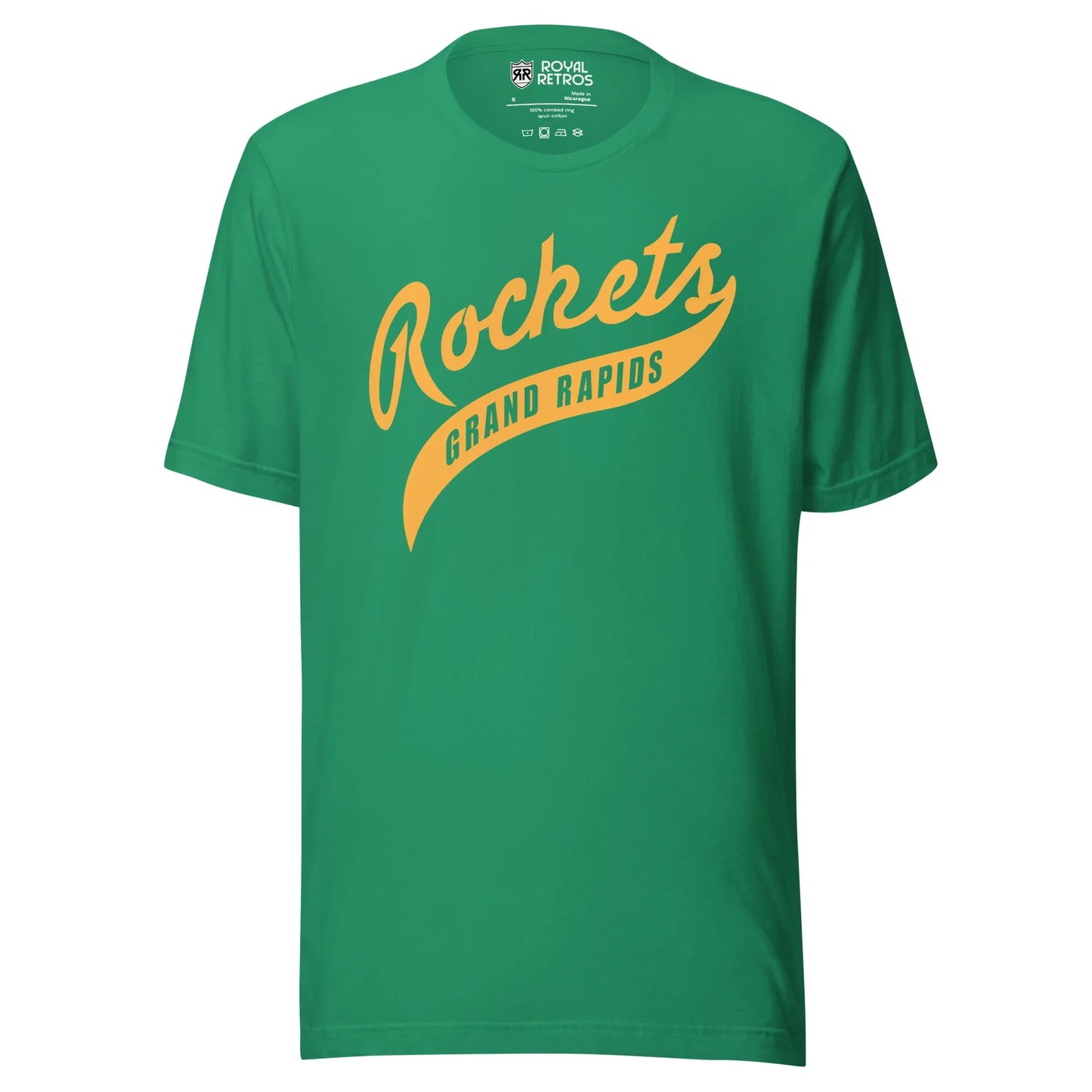 Grand Rapids Rockets hockey T-shirt. Green. Rockets in script gold, angled. Gold script tale with Grand Rapids inside. Royal Retros