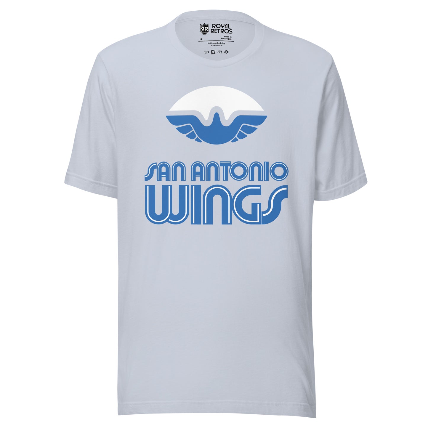 San Antonio Wings World Football League WFL T-shirt. Light Blue. White football with stylized bird with wings in blue filling in the bottom of the ball. San Antonio in blue with white trim above larger WINGS. Royal Retros