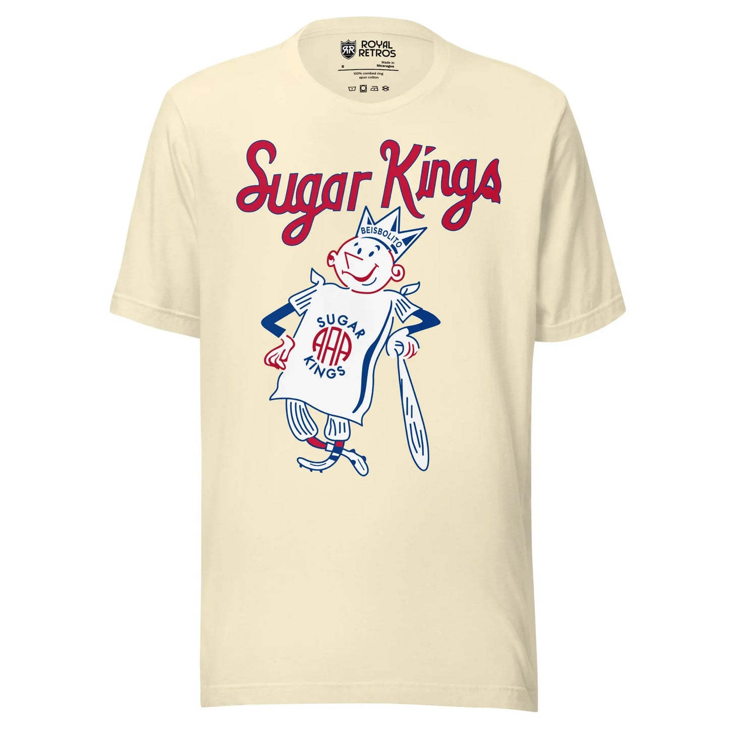 Havana Sugar Kings T-Shirt. Natural white. Sugar Kings in red above anthropomorphic sugar bag wearing a crown and leaning on a bat. Royal Retros