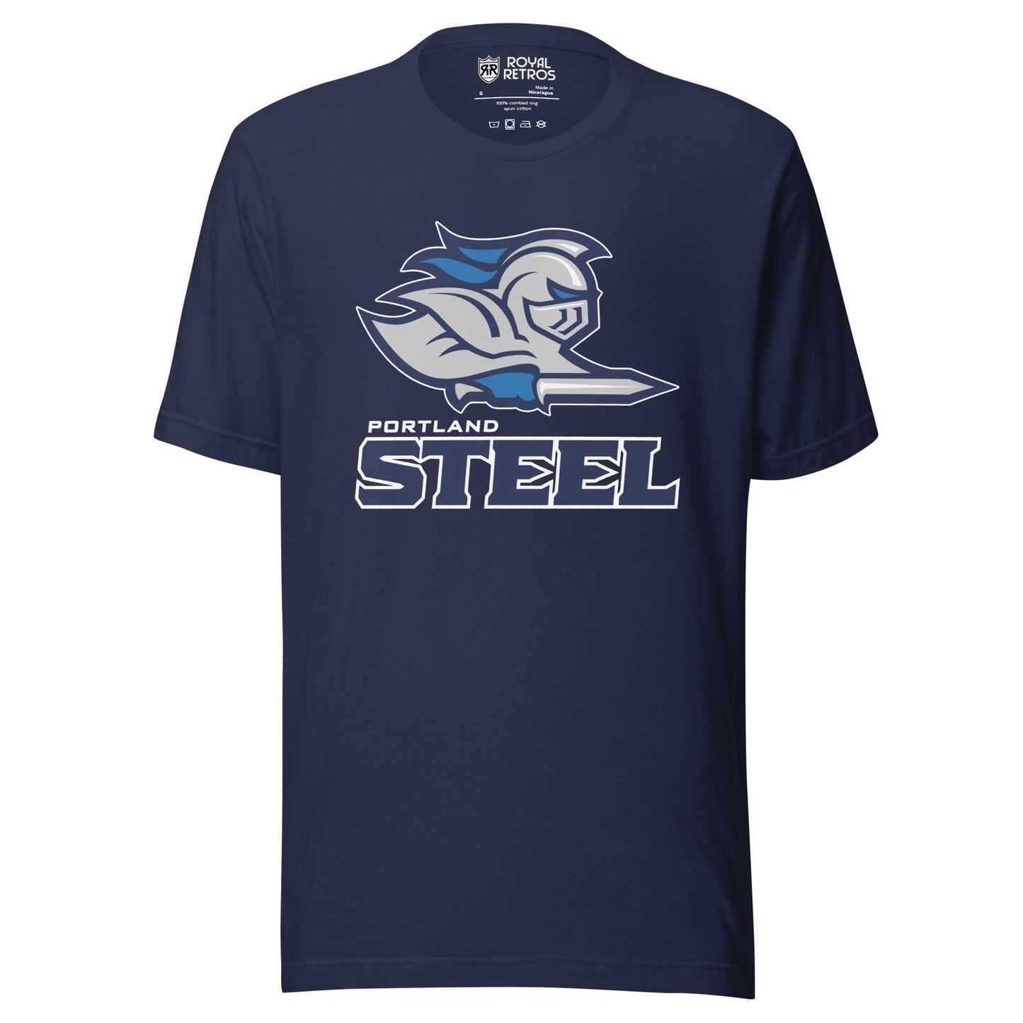 Portland Steel Arena Football League T-shirt. Navy Knight from shoulders up facing right. Blue feathers and gloves, holding sword. Portland in white small above STEEL in navy large. Royal Retros