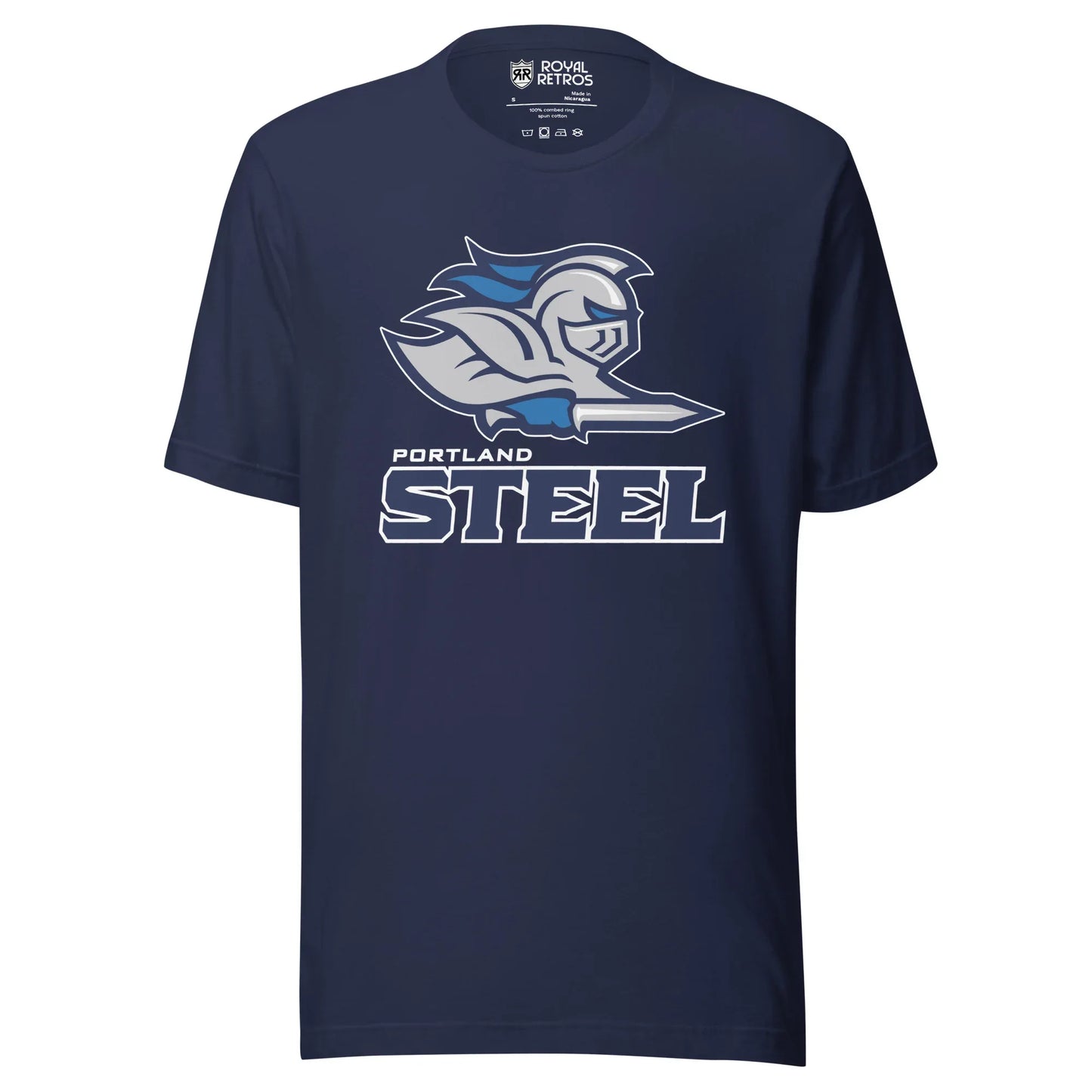 Portland Steel Arena Football League T-shirt. Navy Knight from shoulders up facing right. Blue feathers and gloves, holding sword. Portland in white small above STEEL in navy large. Royal Retros