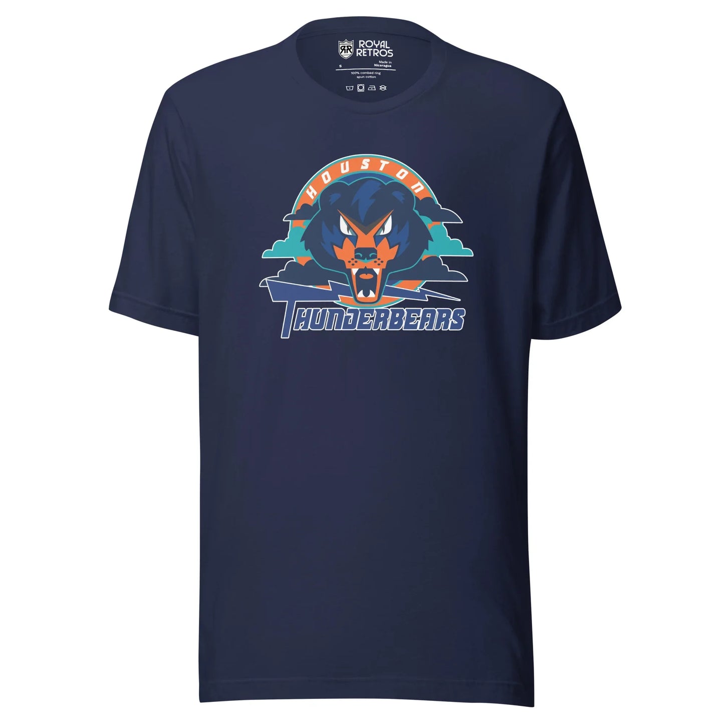 Houston ThunderBears arena football league T-shirt. Navy. Houston arched in white on orange background. Angry bear face over teal and blue clouds. Purple lightning bolt going to the right. Thunderbears in purple below. Royal Retros