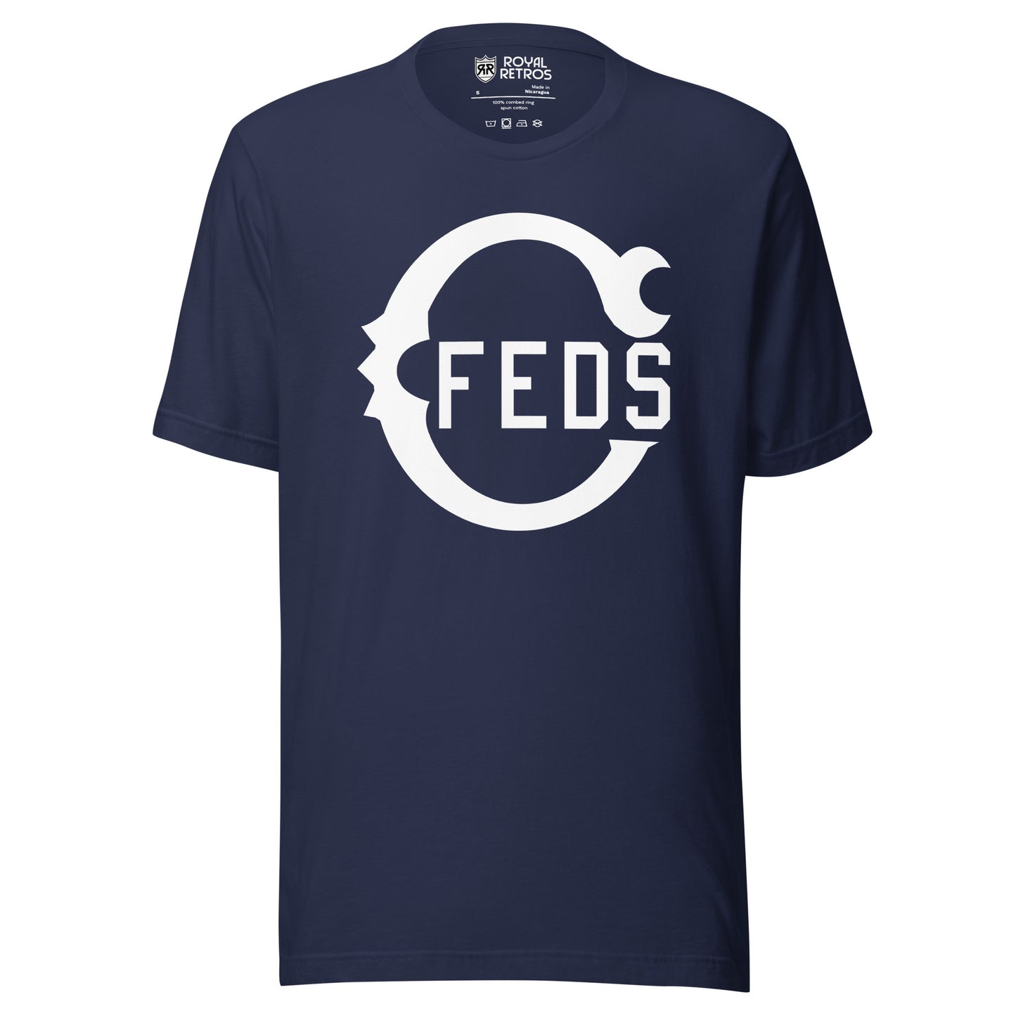 Chicago Feds baseball T-shirt. Navy. Large white Script C with FEDS in side. Royal Retros