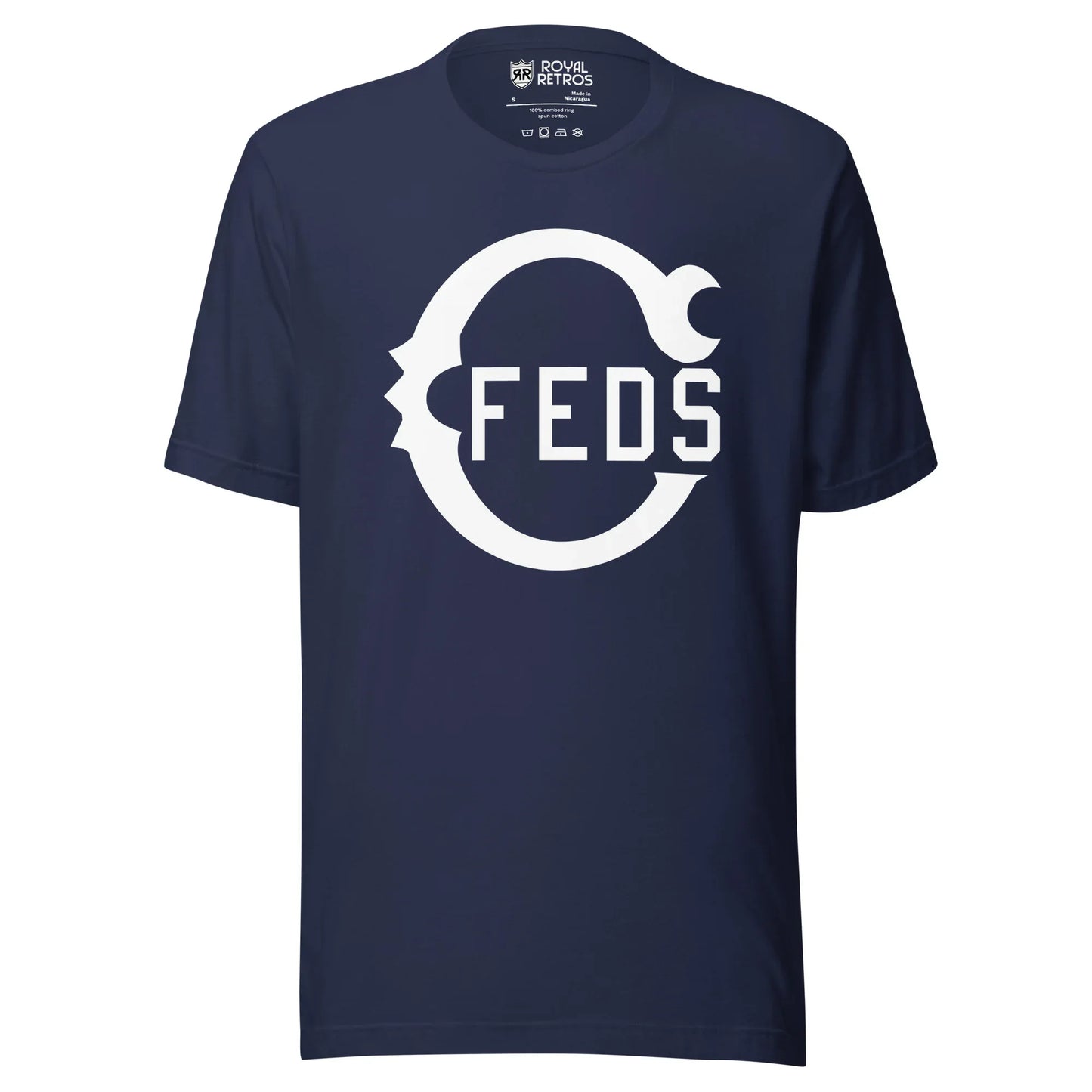 Chicago Feds baseball T-shirt. Navy. Large white Script C with FEDS in side. Royal Retros