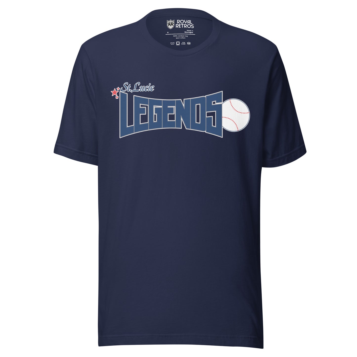 St. Lucie Legends baseball shirt. Navy. St. Lucie small to left. LEGENDS below large. Baseball to the right. Royal Retros