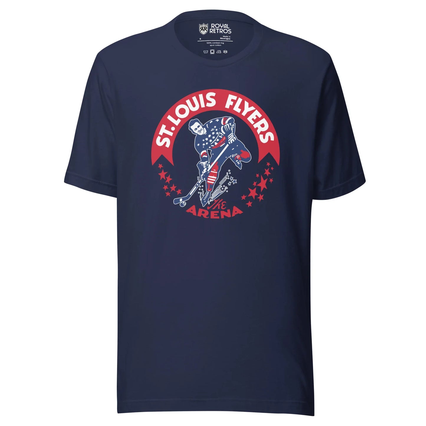 St. Louis Flyers T-shirt. Navy. Red banner arched on chest. St. Louis Flyers in white inside. Player skating toward viewer in red, white, and blue uniform, about to shoot puck. Red stars on either side below ends of banner. "The Arena" in red at bottom of logo. Royal Retros