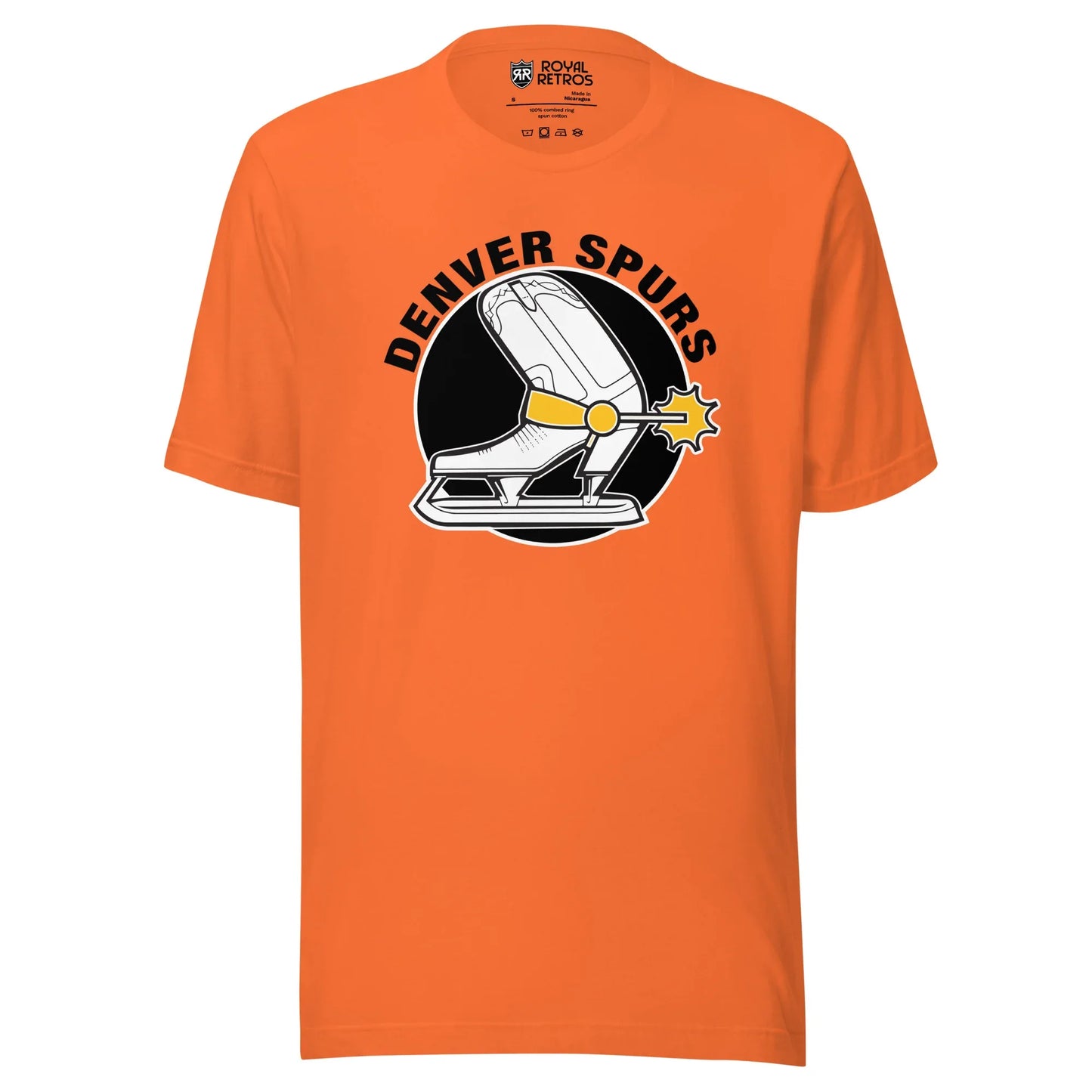 Denver Spurs WHA T-shirt. Orange. Denver Spurs in black arched over black circle. White cowboy boot facing left, coming slightly out of circle. Skate underneath. Gold buckle and spur on boot/skate. Royal Retros