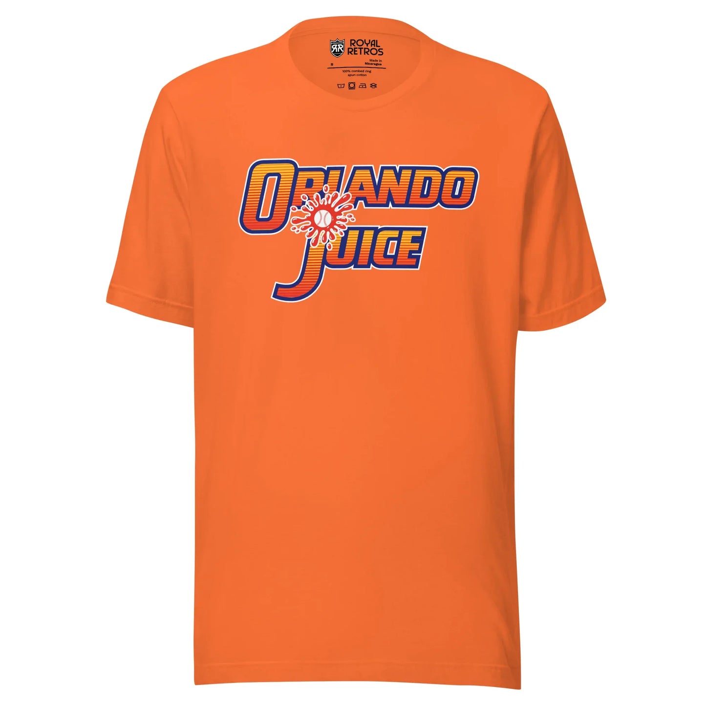 Orlando Juice Baseball T-shirt. Orange. Orlando in orange and red striped letters. Juice in orange and red striped letters below. Baseball splash on red above the J. Royal Retros