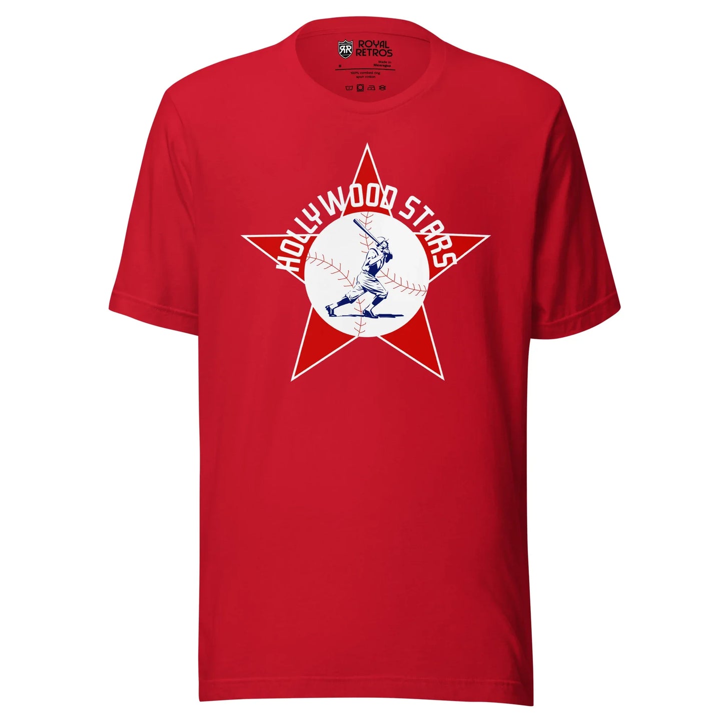 Hollywood Stars T-shirt. Red. Red star with white trim. White circle over center. Baseball later swinging and running inside in blue detail. Hollywood Stars arched in white across top of circle. Royal Retros