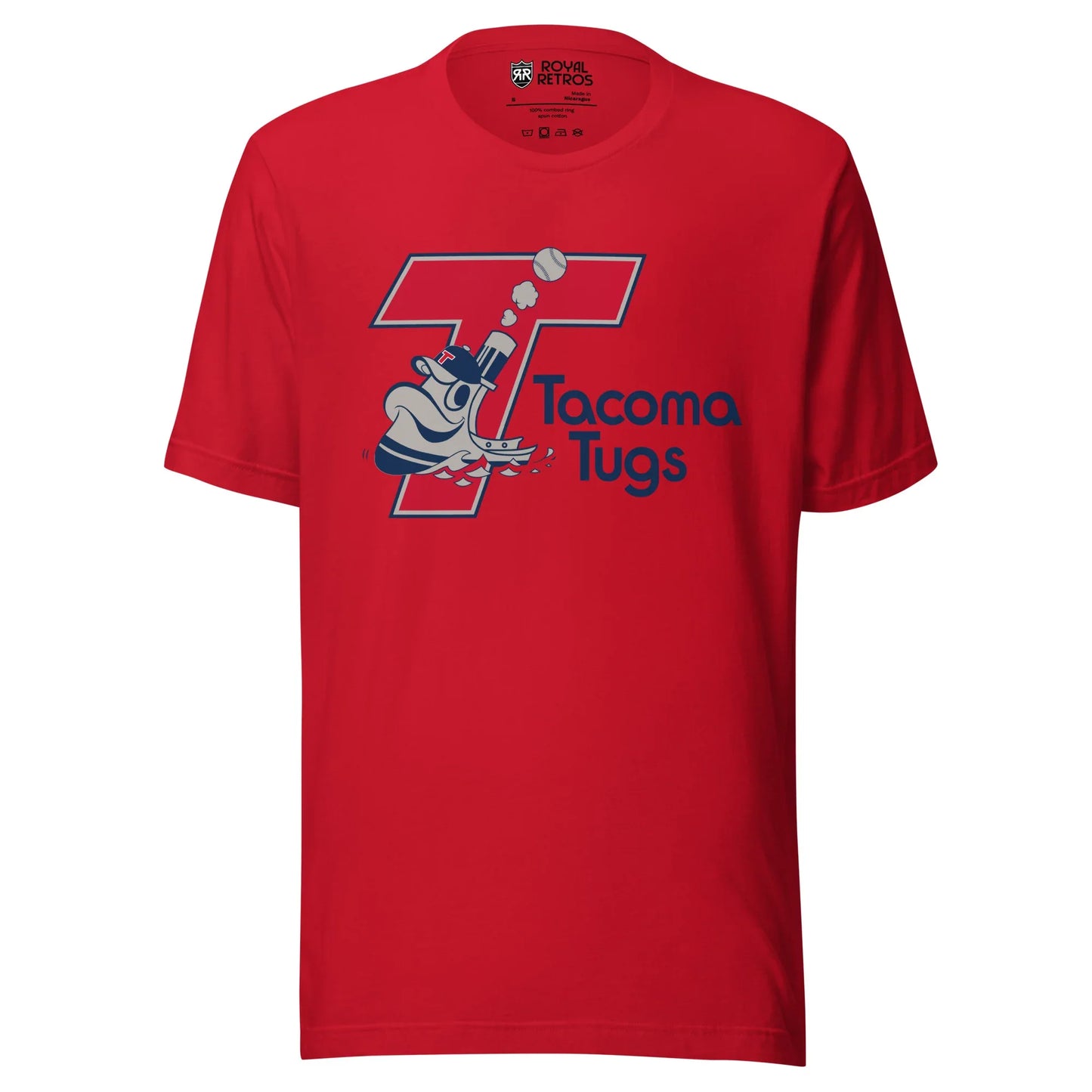 Tacoma Tugs T-shirt red. Angled red T with blue and white trim. Animated blue and white tig going across bottom of T. Tacoma Tugs in blue in Cascadia typeface to right of T. Royal Retros