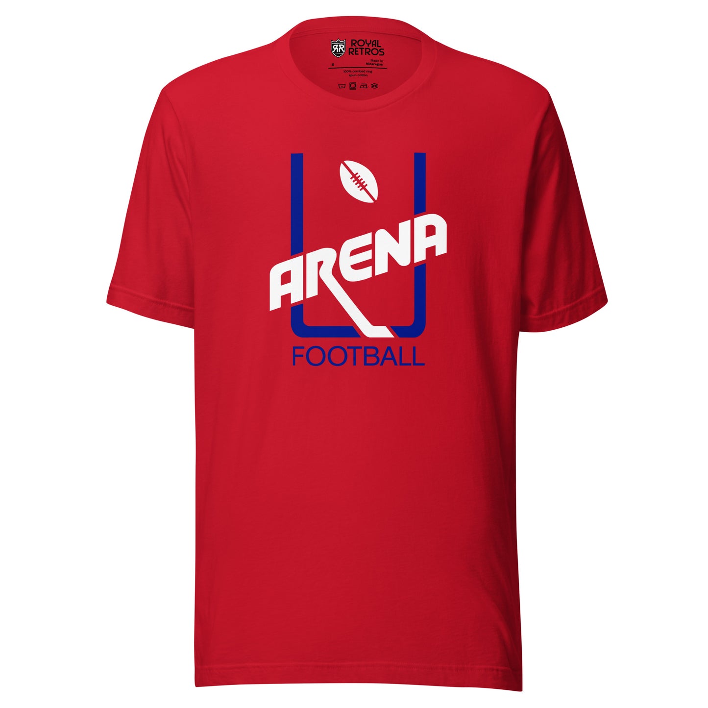 Arena Football League original goalpost logo T-shirt. Red. Blue uprights, red football in between at top. Stylized ARENA in white diagonal left up to right across bottom of uprights. FOOTBALL in blue below. Royal Retros