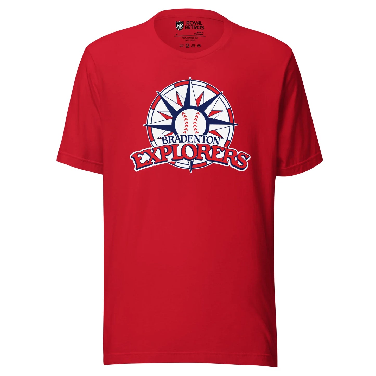 Bradenton Explorers baseball T-shirt. Red. Circle with alternating red and white blocks. Compass star inside with alternating red and blue pattern, baseball in center. BRADENTON small in blue above EXLORERS in red across bottom of circle. Royal Retros