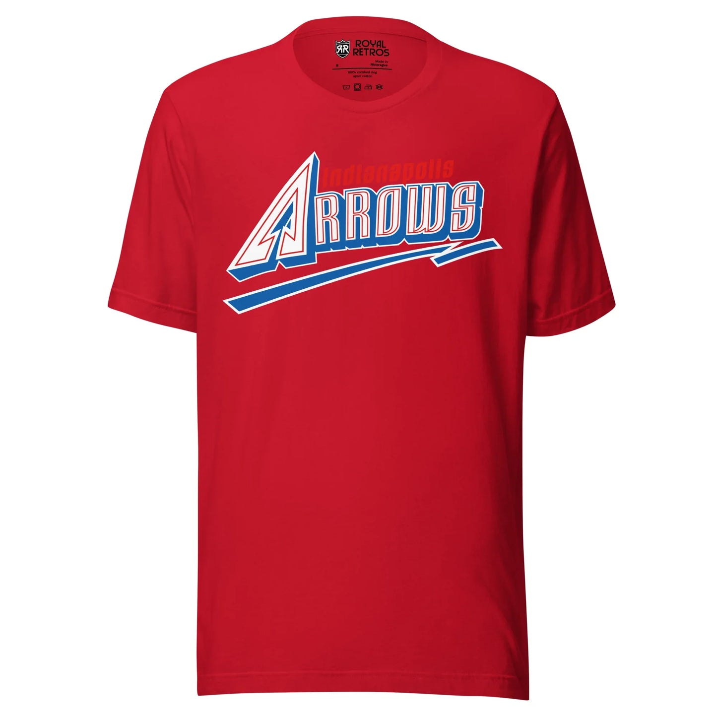 Indianapolis Arrows baseball T-shirt. Red. ARROWS in white with red trim inside letters. Blue shadow under letters. Blue underline beneath with white trim. Royal Retros