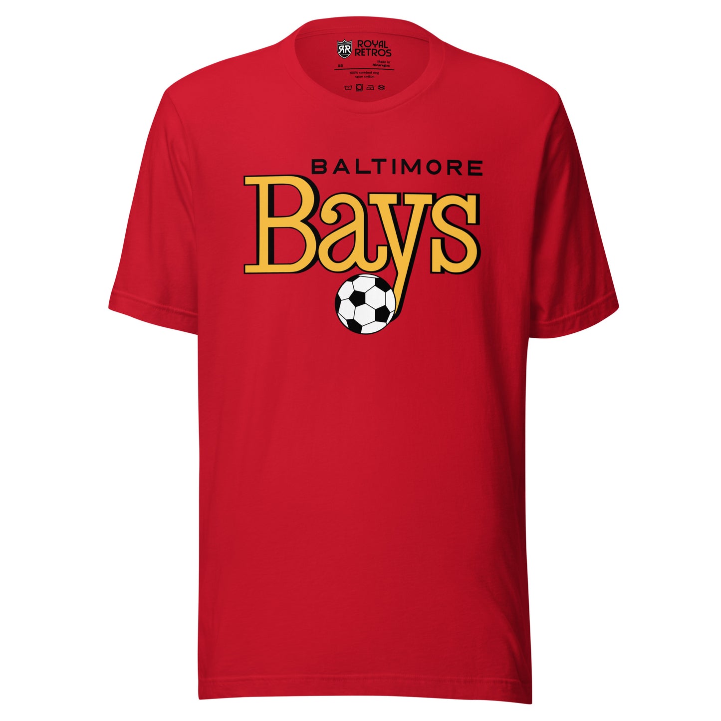 Red Baltimore Bays T-shirt featuring the BALTIMORE wordmark in black above a gold-and-red Bays script logo and a black-and-white soccer ball
