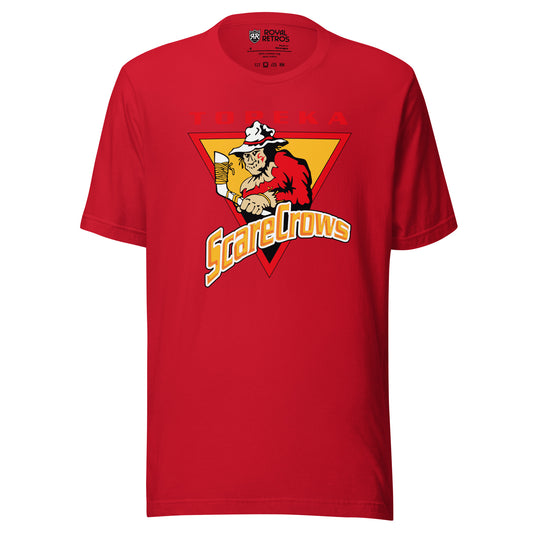 Topeka Scarecrows t-shirt in red — scarecrow with a hockey stick inside a gold triangle, TOPEKA arched above, ScareCrows script below. Royal Retros