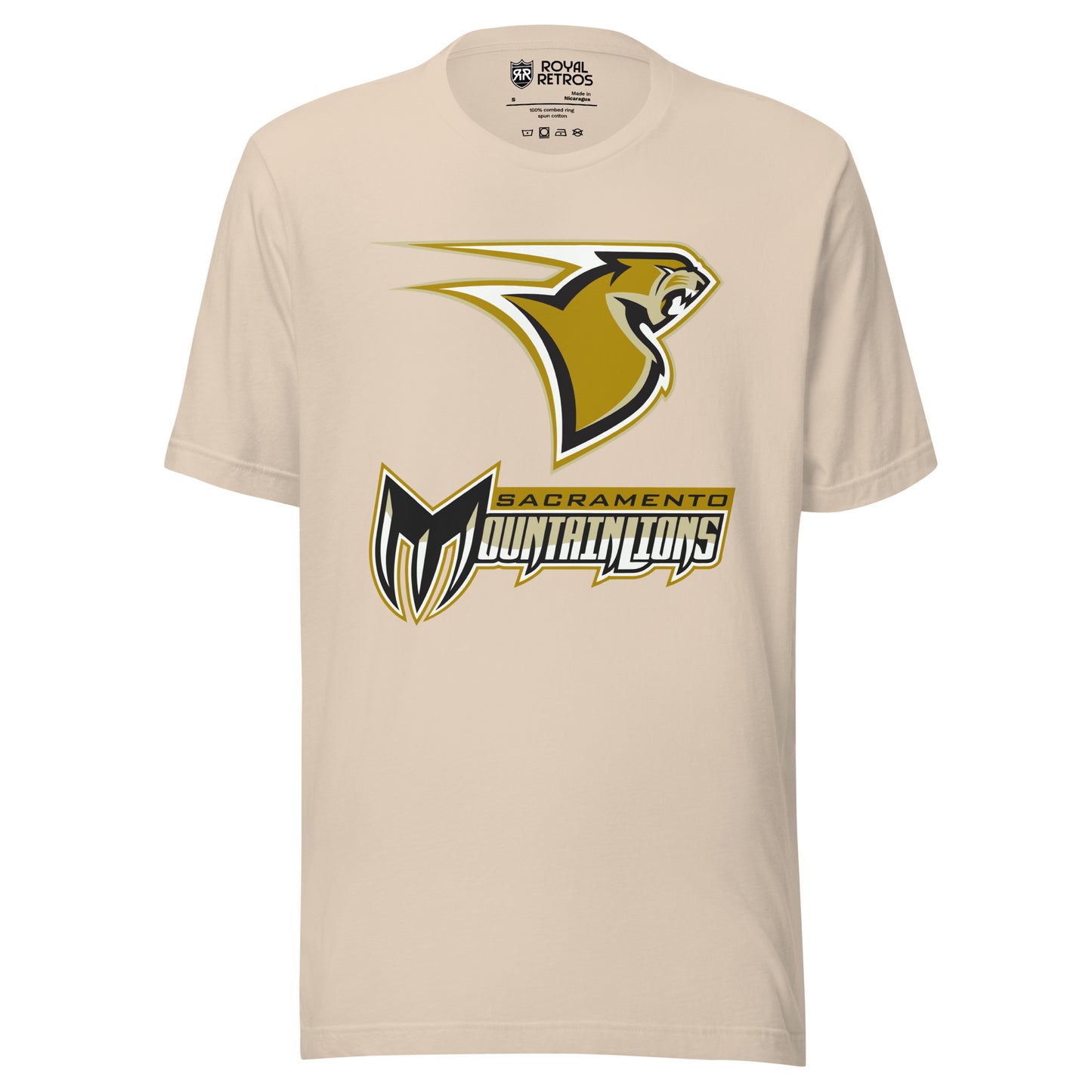 Sacramento Mountain Lions. UFL-2009 T-shirt. Soft Cream. Stylized mountain lion head facing left. Lion is gold with black, gray, and white, trim with gold and white steaks off to the left. Sacramento small in black n gold banner above large stylized Mountain Lions in silver with gold and white trim. M is black and shaped like a claw, with silver scratch marks in the fingers. Royal Retros
