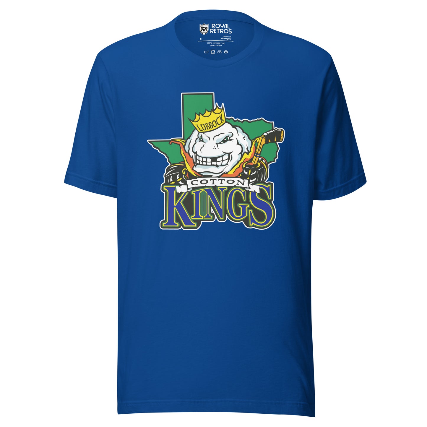 Lubbock Cotton Kings hockey T-shirt. Blue. Green Texas background. Anthropomorphized cotton ball, with a menacing look over Texas. Cotton in black on white ribbon small above KINGS large in blue with green trim below. Royal Retros