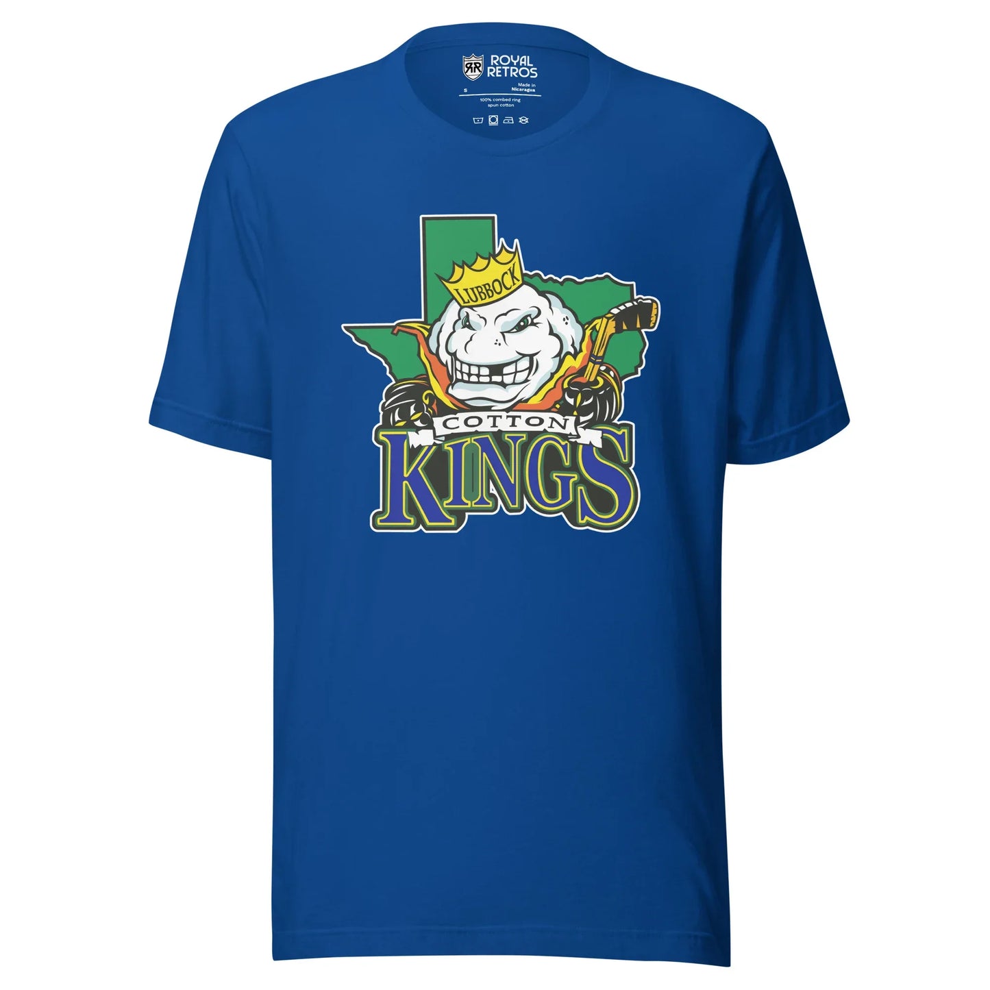 Lubbock Cotton Kings hockey T-shirt. Blue. Green Texas background. Anthropomorphized cotton ball, with a menacing look over Texas. Cotton in black on white ribbon small above KINGS large in blue with green trim below. Royal Retros
