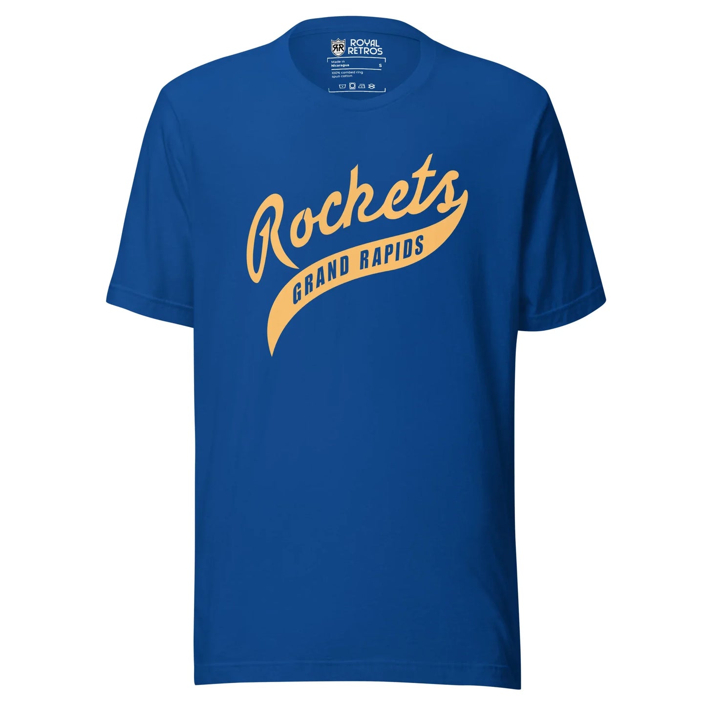 Grand Rapids Rockets hockey T-shirt. Blue. Rockets in script gold, angled. Gold script tale with Grand Rapids inside. Royal Retros