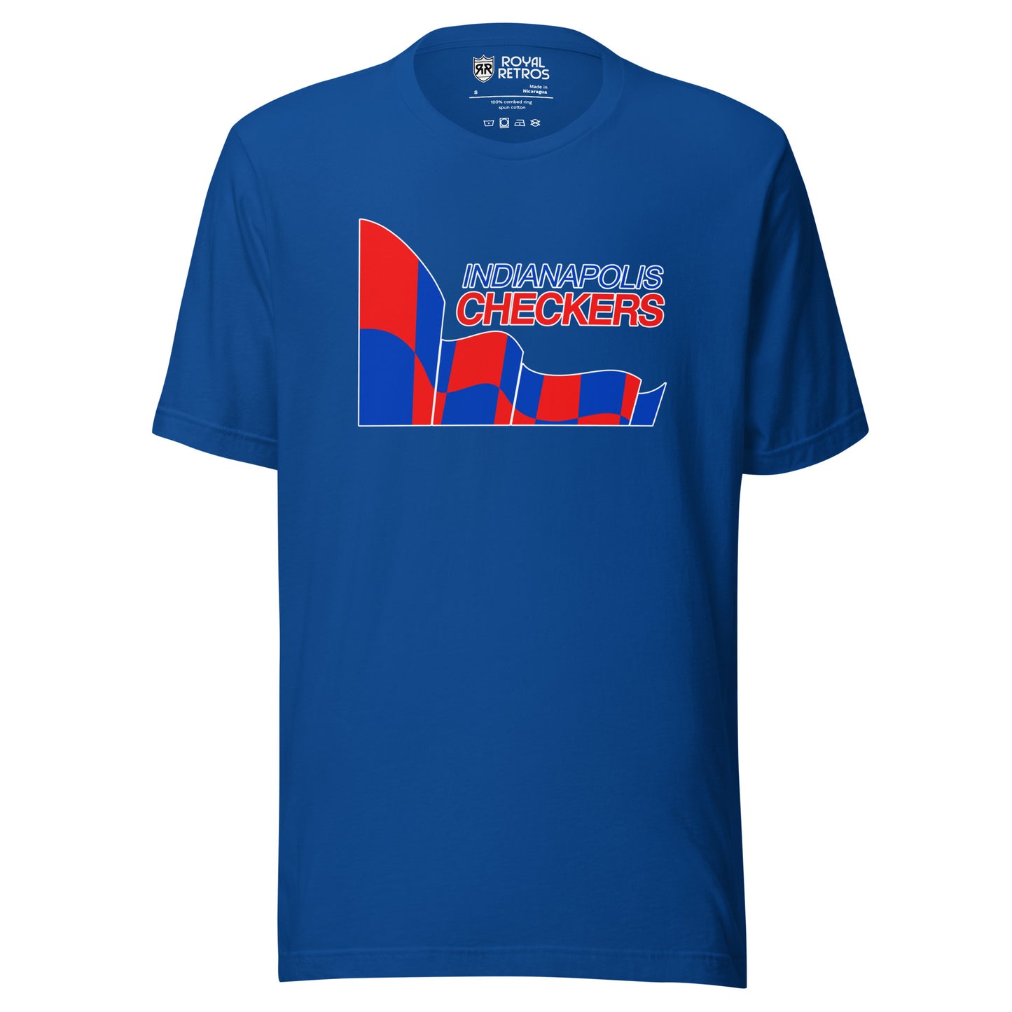 Indianapolis Checkers hockey T-shirt. Blue. Indianapolis in blue above Checkers in red. To the left is a red and blue checkered flag, that extends under Indianapolis Checkers. All outlined in white. Royal Retros.