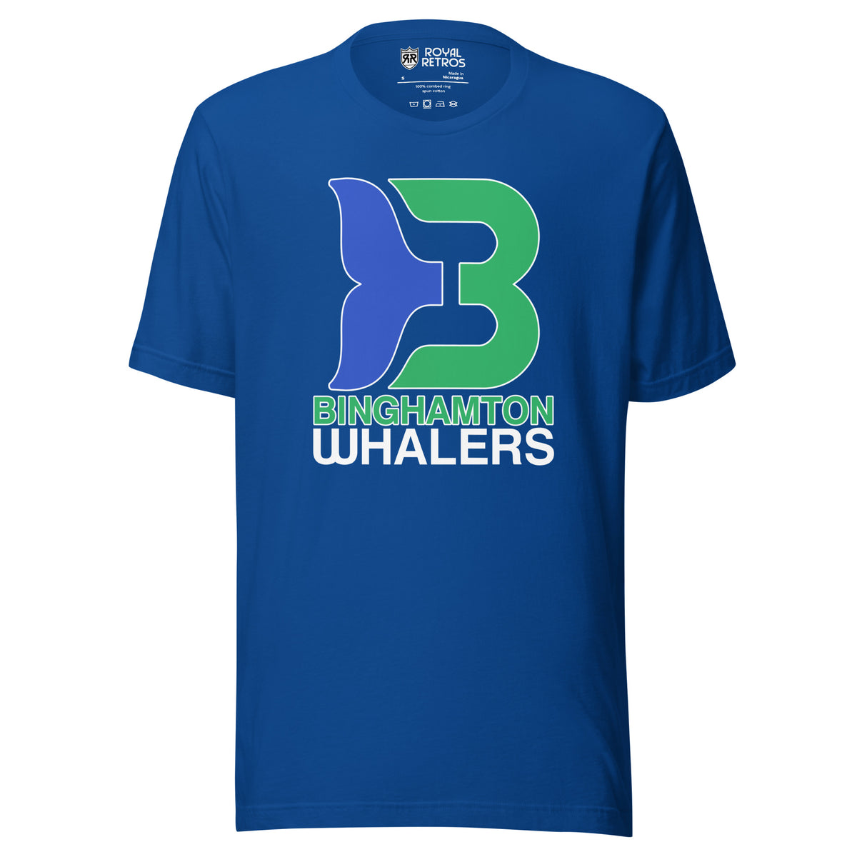 Binghamton Whalers T-Shirt. True royal blue. Front chest print of a blue-and-green whale-tail B logo outlined in white, with 'BINGHAMTON' in green above 'WHALERS' in white below.