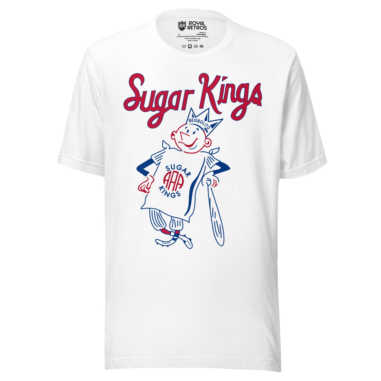 Havana Sugar Kings T-Shirt. White. Sugar Kings in red above anthropomorphic sugar bag wearing a crown and leaning on a bat. Royal Retros