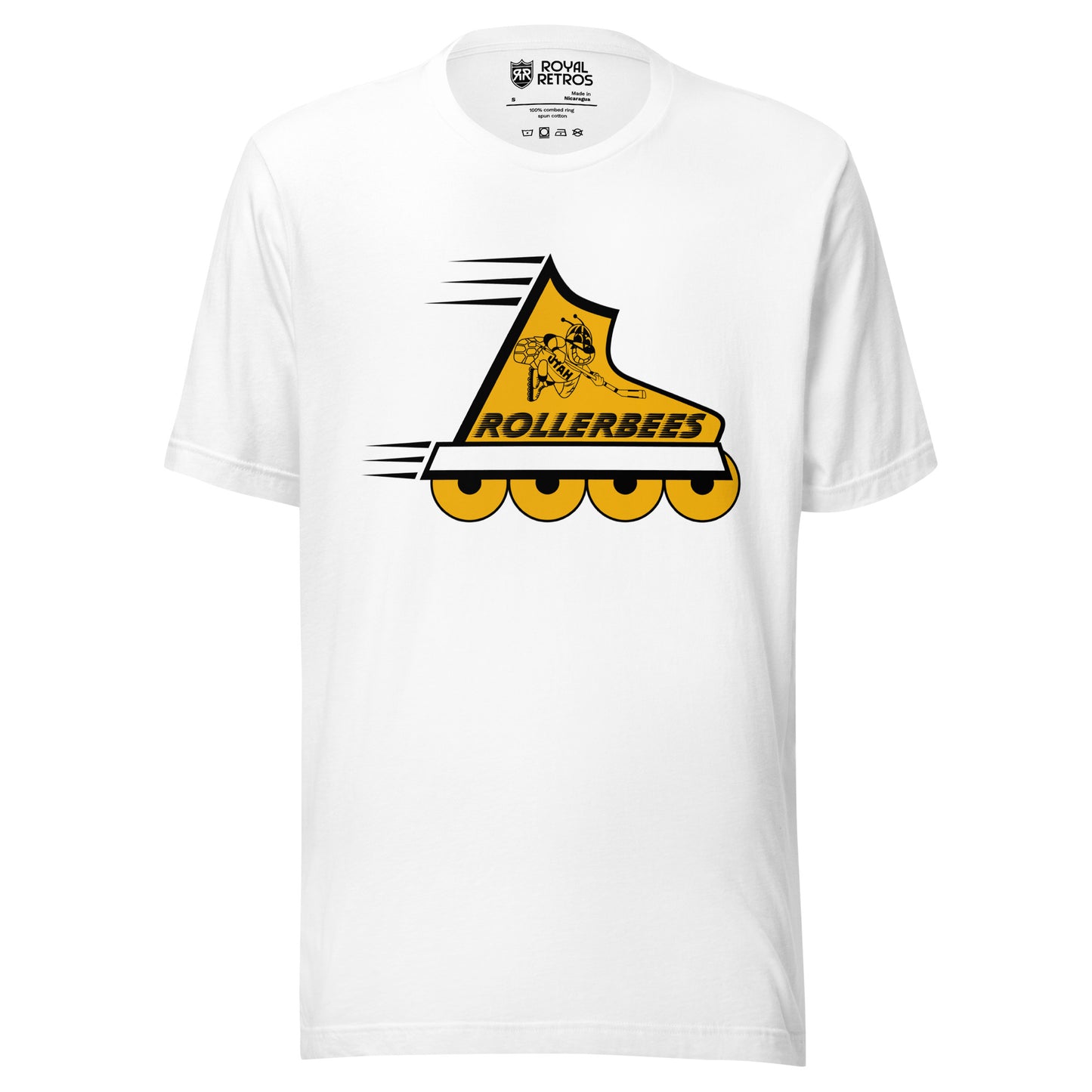 Utah Rollerbees roller hockey T-shirt. White. Yellow inline skate facing right. Rollerbees n black above wheels. Animated bee playing roller hockey on ankle. Royal Retros