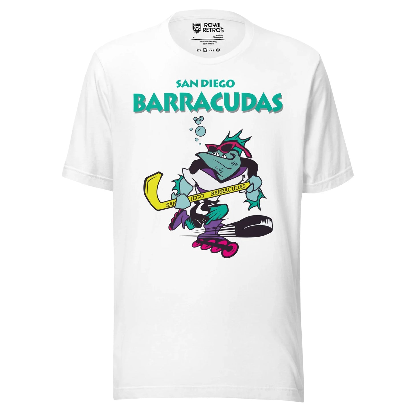 San Diego Barracudas roller hockey T-shirt. White. San Diego in aqua small over Barracudas in aqua large below. Below text, cartoon barracuda inline skating with hockey stick. Bubbles coming out of its mouth. Royal Retros.