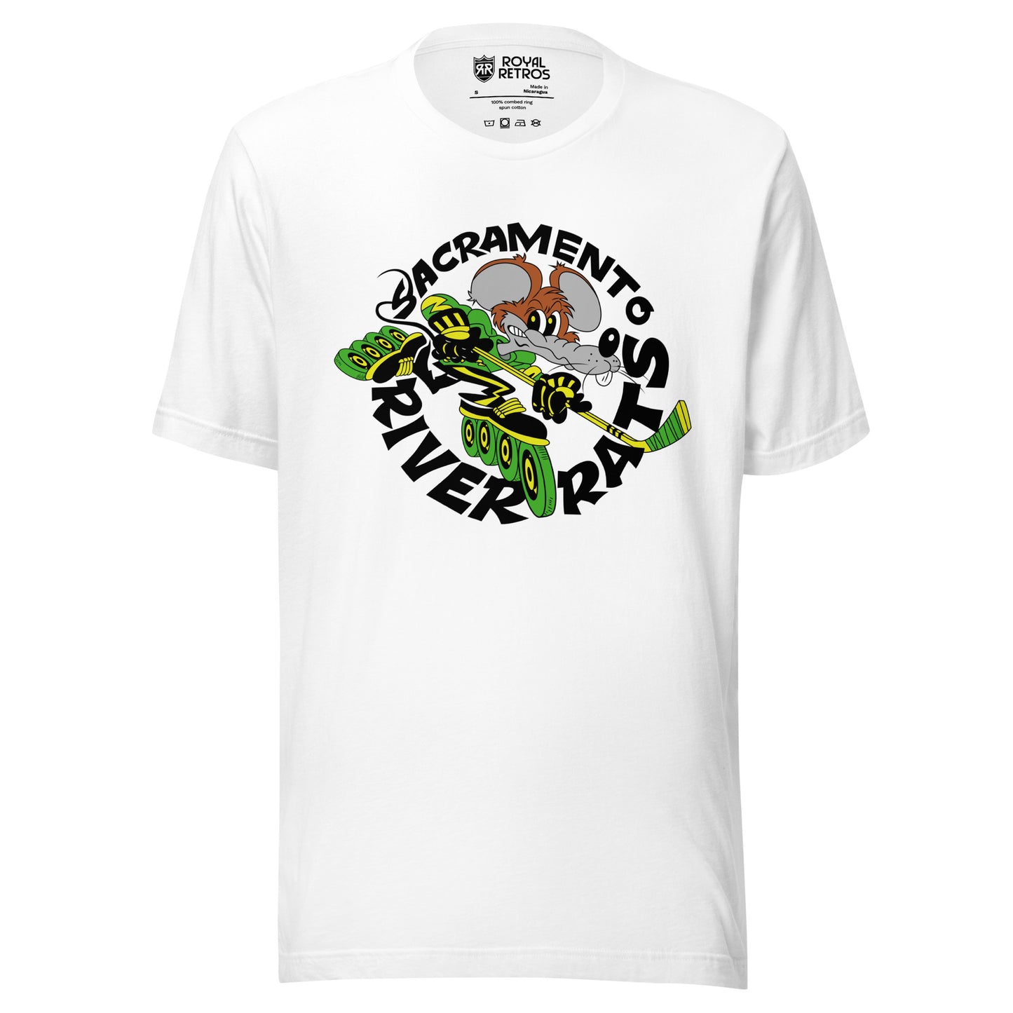 Sacramento River Rates Roller Hockey T-shirt. White. Sacramento in black arched over rat, incline skating with hockey stick, going to the right. River Rats in black, arched up below. Royal Retros