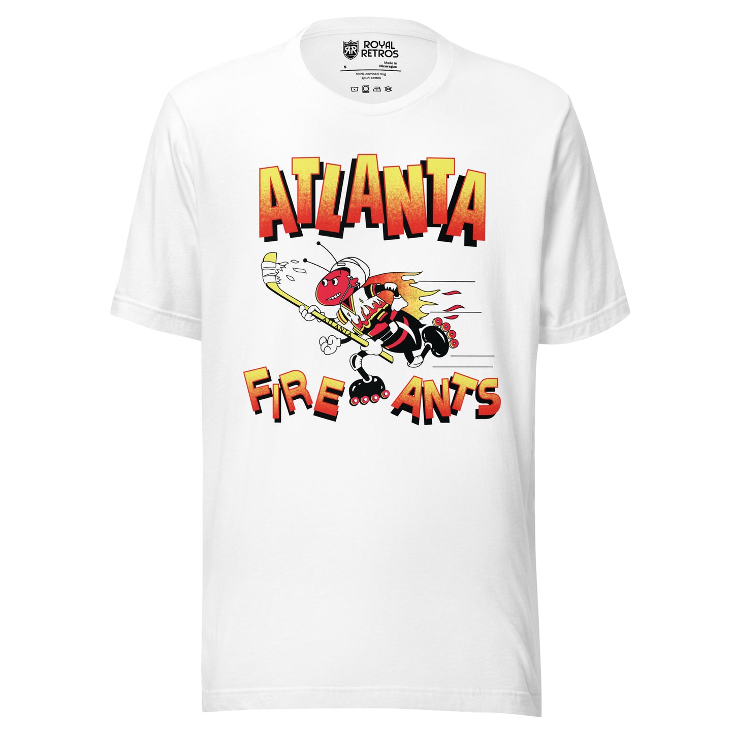 Atlanta Fire Ants roller hockey T-Shirt. White. Atlanta half gold on top, red below above animated fire ant rollerblading to the left. Fire Ants, half yellow on top, red below under ant. Royal Retros