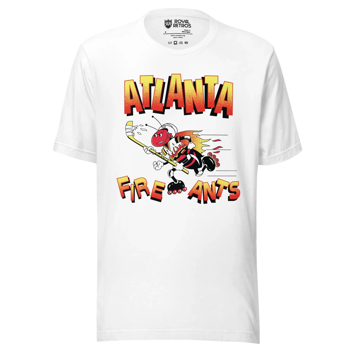 Atlanta Fire Ants roller hockey T-Shirt. White. Atlanta half gold on top, red below above animated fire ant rollerblading to the left. Fire Ants, half yellow on top, red below under ant. Royal Retros