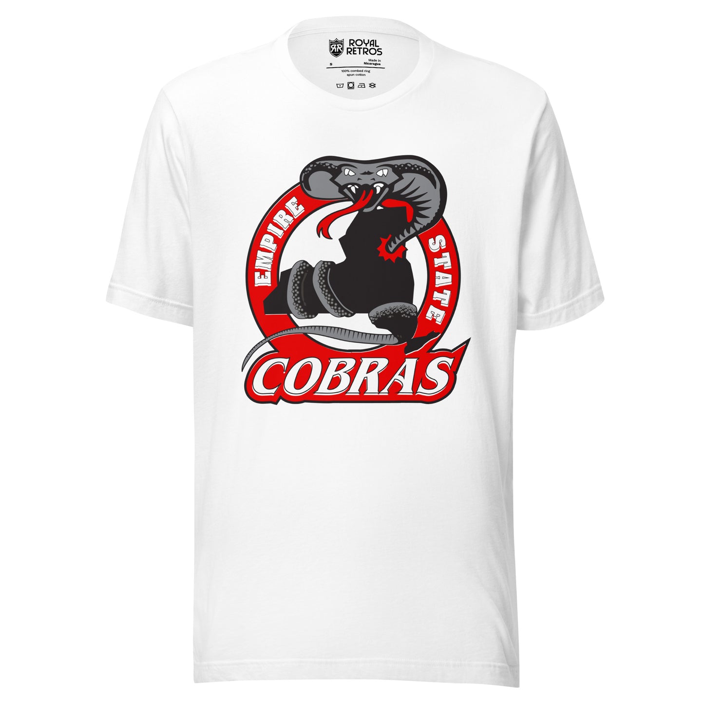 Empire State Cobras Roller Hockey T-Shirt. White. Red Circle with Empire in white on left, State on right. Cobra wrapped around dark gray outline of New York State. Cobras in white with red outline below. Royal Retros