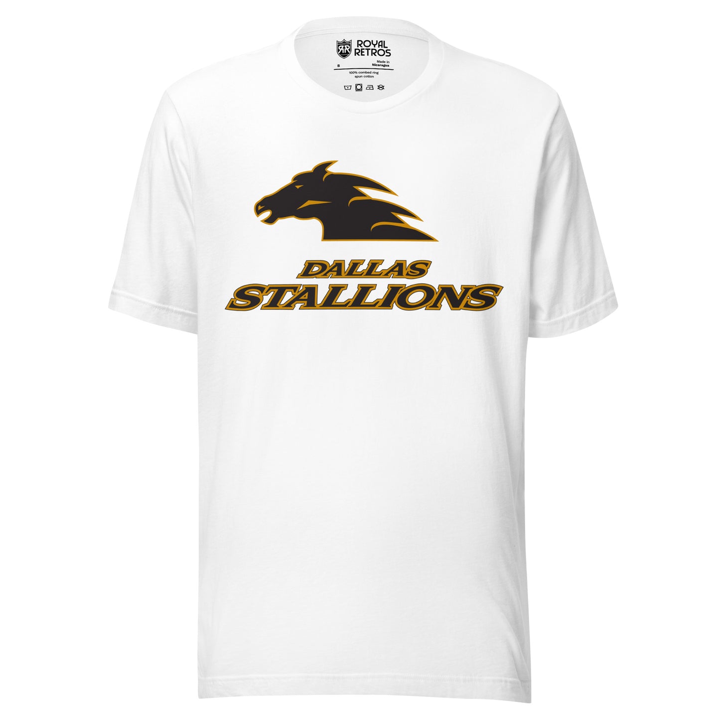 Dallas Stallions roller hockey T-Shirt. White. Gray horse head facing left with gold trim. Dallas Stallions below in gray with gold trim. Royal Retros